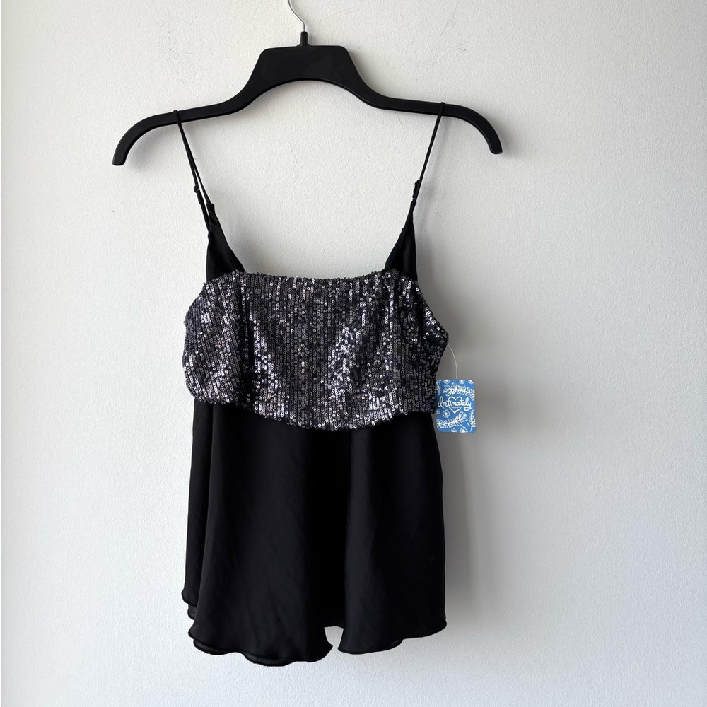 Free People Turn It On Cami Tank Top Black Silver Sequins Womens M NWT Festival